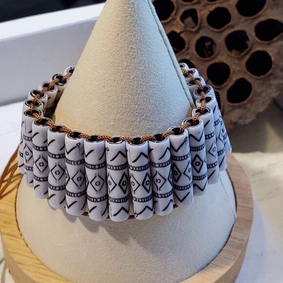 Vintage 90s Y2K Brown White Black Wood Acrylic Beads OSFA Adjustable Bracelet - Picture 4 of 9